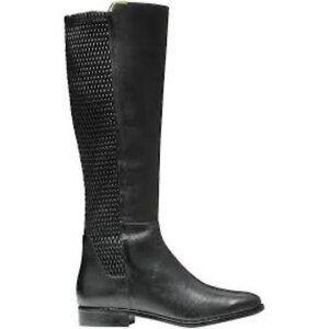 Cole Haan Black Leather Tall Riding Boots With Textured Panel Knee High Womens E